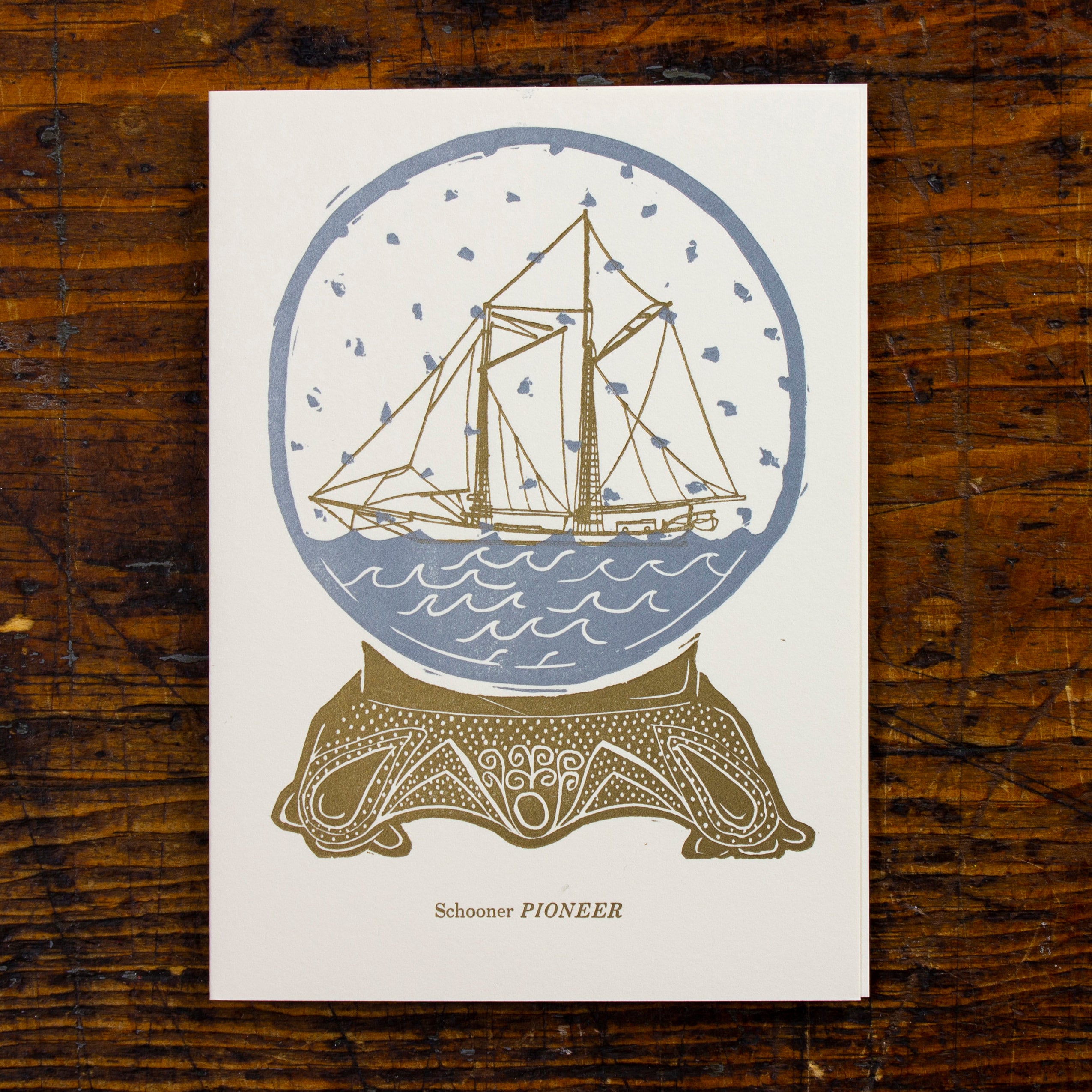 Schooner Pioneer in a Snow Globe Holiday Notecard Designed by Bowne and Co